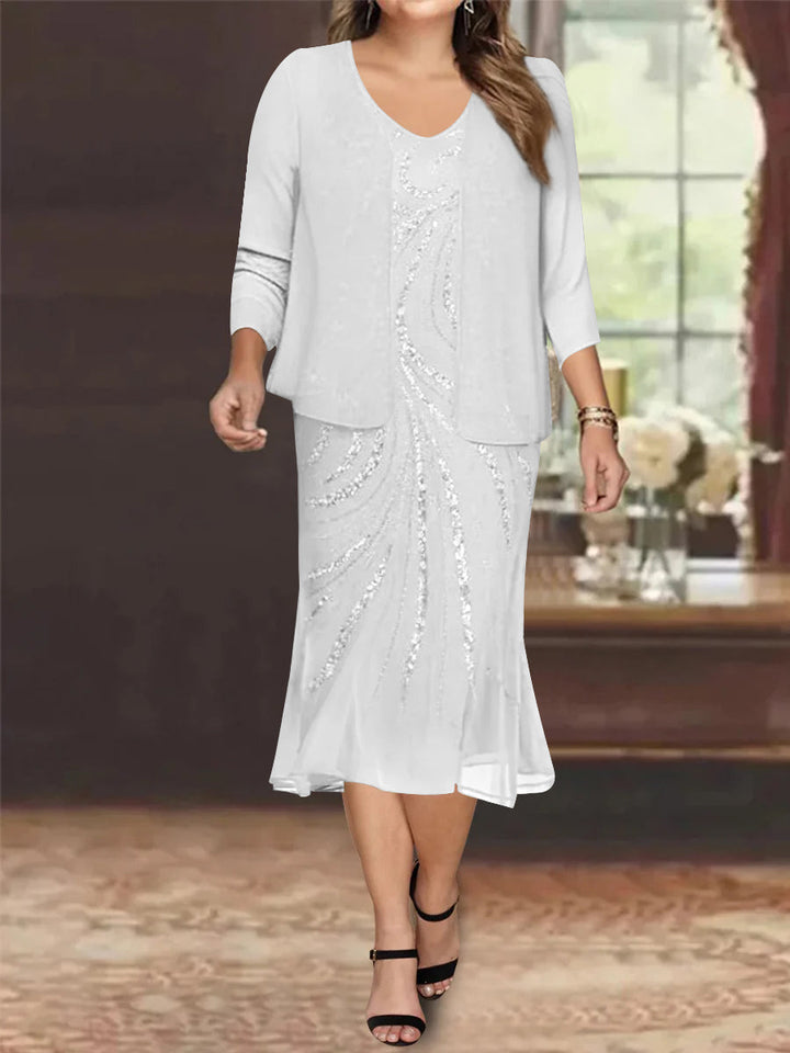 Plus Size V-Neck Chiffon Mother of the Bride Dress Set with Jacket and Sequins Knee- Plus Size V-Neck Chiffon Mother of the Bride Dress Set with Jacket and Sequins Knee-