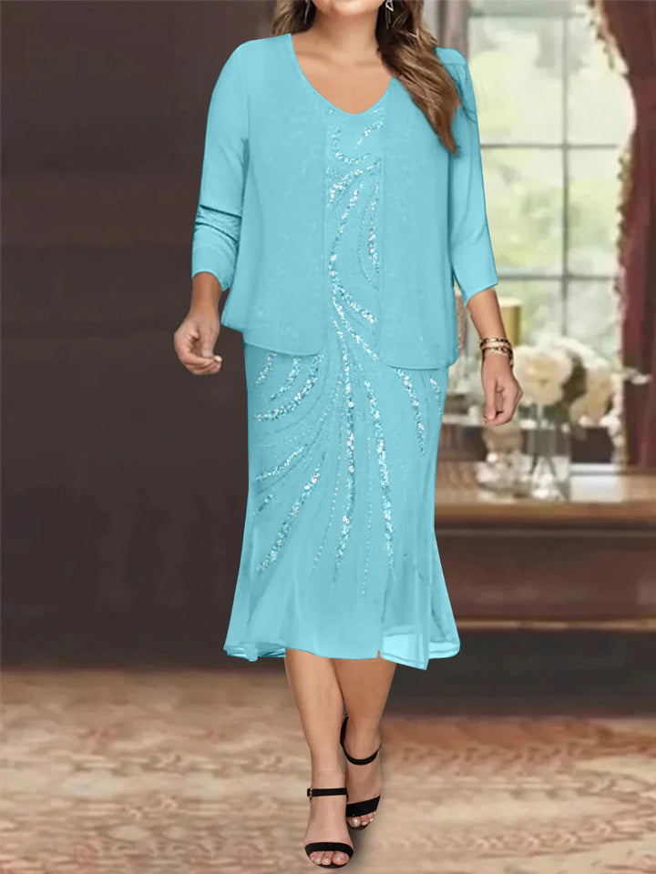 knee length mother of the bride dresses plus size V-Neck Chiffon Dress Set with Jacket and Sequins Color:custom color 3/4 Sleeves goose birthday outfit Mandy Overall Dress