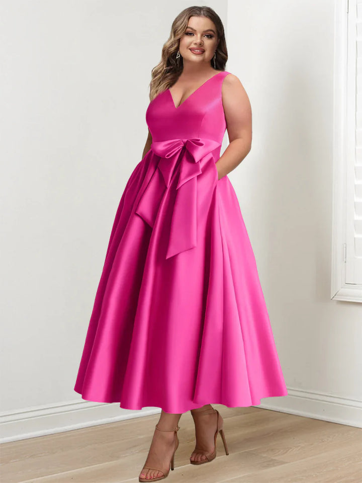 Plus Size V-Neck Sleeveless A-Line Princess Mother of The Bride Dress with Pockets and Ruffles Ankle-Length Plus Size V-Neck Sleeveless A-Line Princess Mother of The Bride Dress with Pockets and Ruffles Ankle-Length