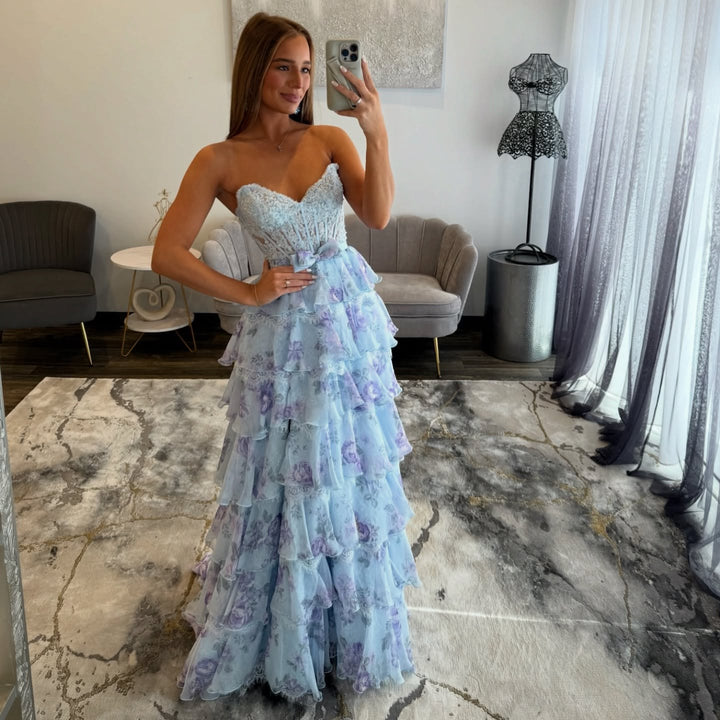 blue floral prom dress with slit ZAPAKA Women White Blue Flower Plus Size Prom Dress with Slit Corset Long Spaghetti Straps Ruched Wedding Party Dress, White Blue Flower / US14