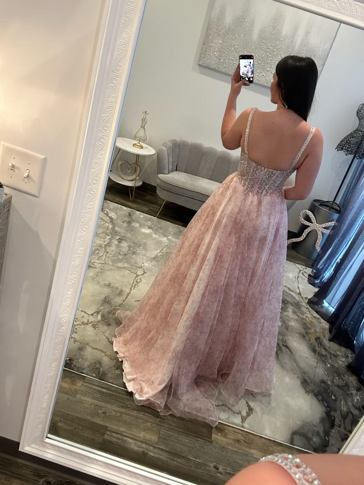 Pretty Long Pink A-line Beaded Floral Sleeveless Prom Dress with Rhinestones