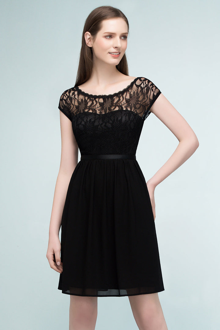 Pretty Scoop Sleeveless Black Lace Short Junior Bridesmaid Dresses