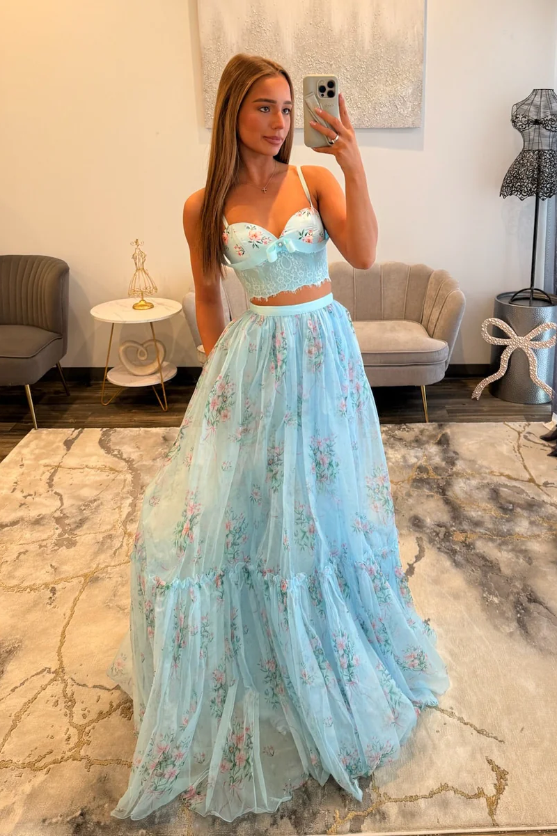 Pretty Two Pieces Sky Blue Long A-line Floral Prom Dress with Lace