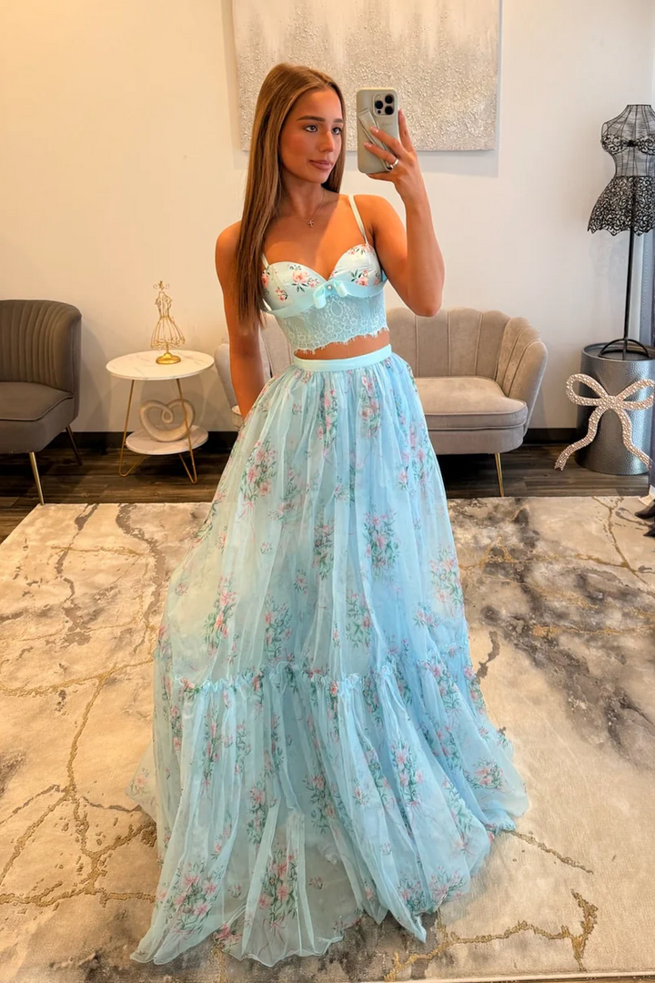 Pretty Two Pieces Sky Blue Long A-line Floral Prom Dress with Lace