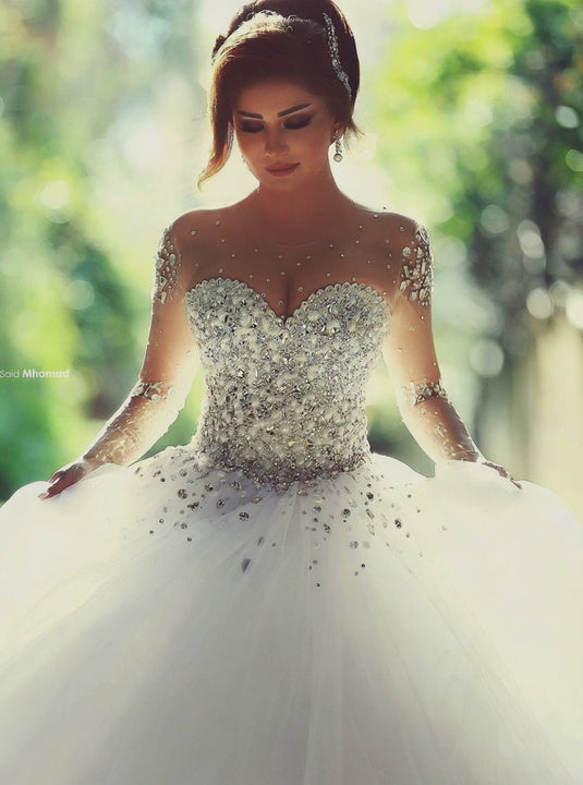 Ball Gown Wedding Dress with Long Sleeves Crystals and Beading