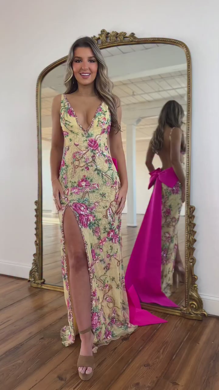 long v-neck sleeveless beaded-bodice prom dress Attractive Lace Beaded with Slit and Bow your best CHOICE Color:ROYAL-2 Tea party | Barbie Printed Maxi dress