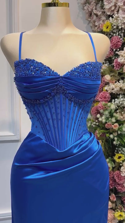 Elegant Long Royal Blue Spaghetti Straps Beaded Evening Dress With Slit