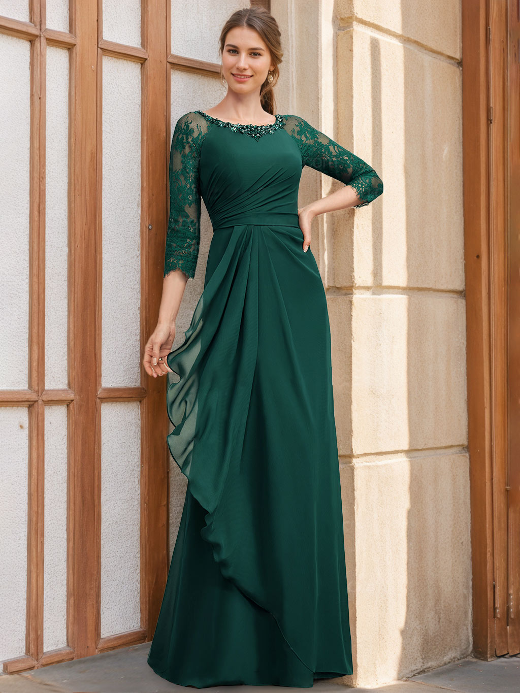 Princess A-Line Floor-Length Mother of the Bride Dresses with Scoop Neck  3/4 Sleeves Sequins Ruffles & Appliques
