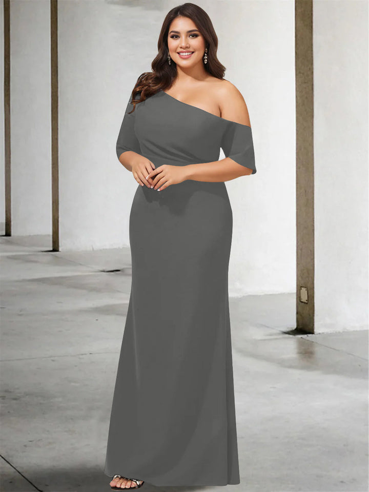 Princess A-Line Floor-Length One-Shoulder 3/4 Sleeve Pure Color Plus Size  Mother of