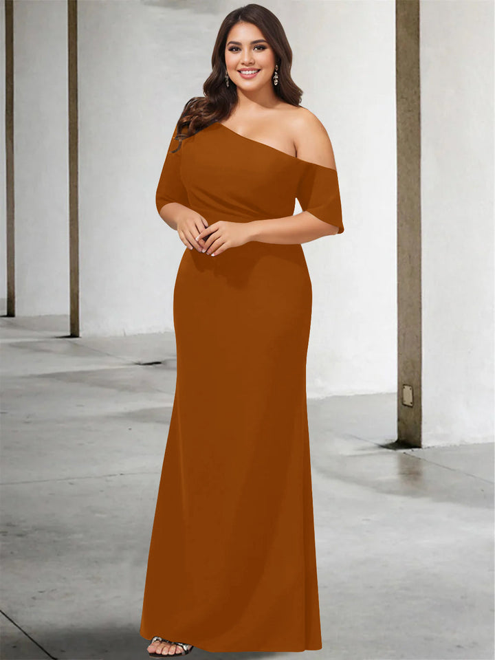 Princess A-Line Floor-Length One-Shoulder 3/4 Sleeve Pure Color Plus Size  Mother of