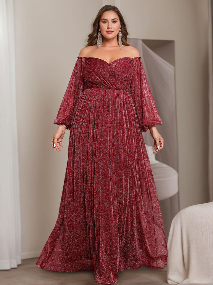 long sleeve princess cut dress Princess A-Line Off-the-Shoulder Floor-Length Plus Size Mother of the Bride Dress with Long Sleeves and Ruffles