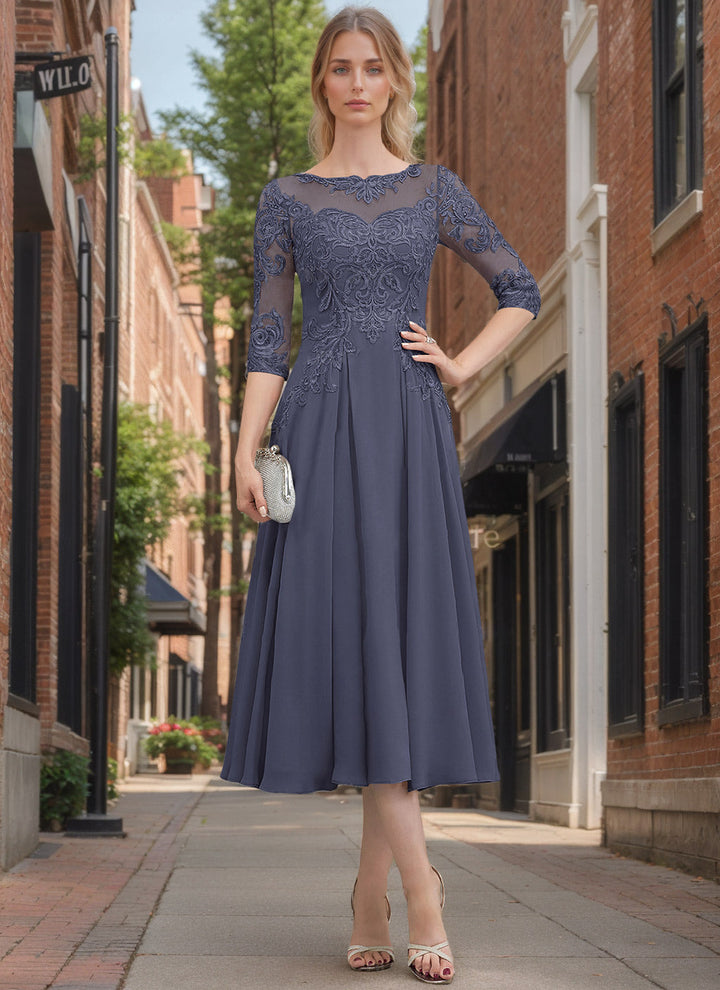 Princess A-Line Scoop Neck Tea-Length Mother of The Bride Dress with Lace and Appliques