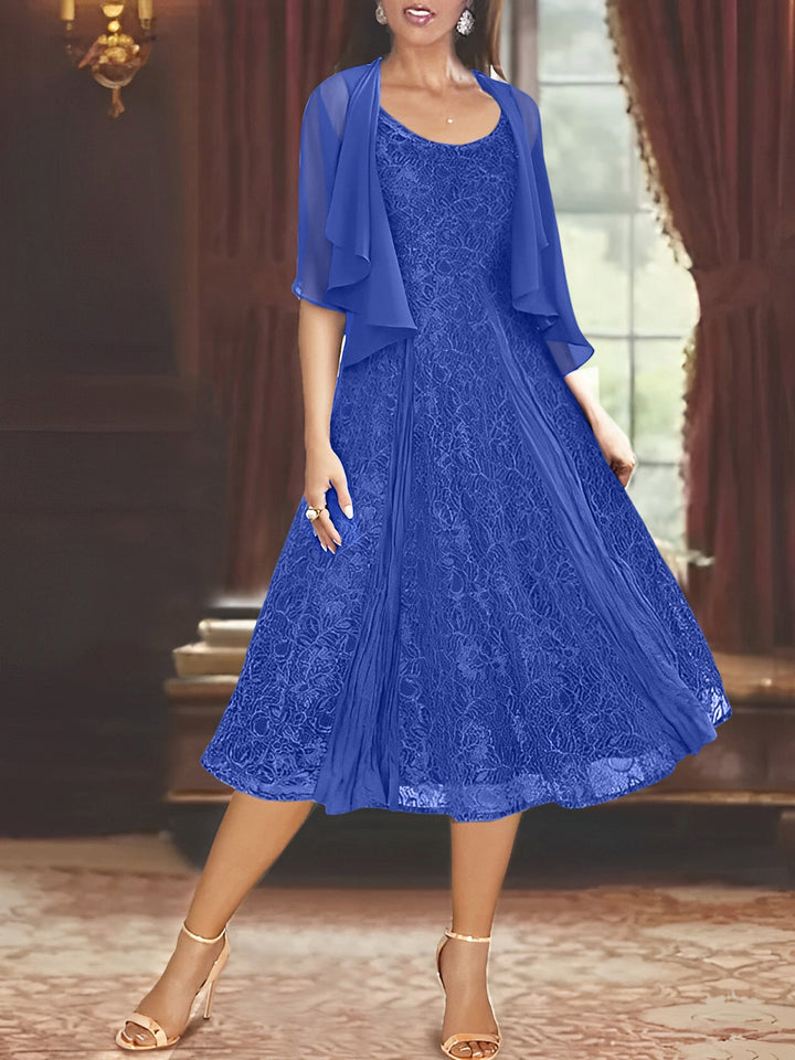 Princess A-Line Tea-Length Mother of the Bride Dress with Scoop Neck Half Sleeves Appliques