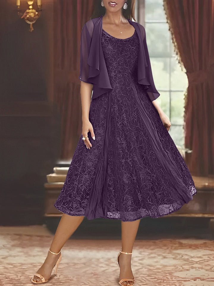 Princess A-Line Tea-Length Mother of the Bride Dress with Scoop Neck Half Sleeves Appliques and Jacket