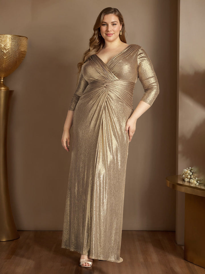 green emerald velvet dress Princess A-Line V-Neck Floor-Length Plus Size Mother of The Bride Dress with 3/4 Sleeves and Ruffles