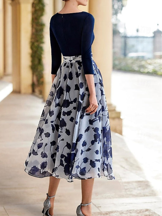 Princess A-Line V-Neck Floral Mother of the Bride Dress with 3/4 Sleeves and