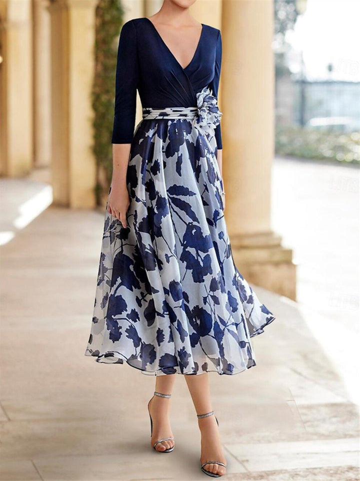 Princess A-Line V-Neck Floral Mother of the Bride Dress with 3/4 Sleeves and