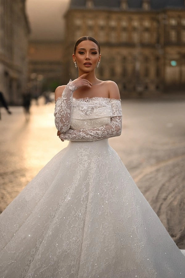 Princess Ivory Off-The-Shoulder Long Sleeves Ball gown Wedding Dress w