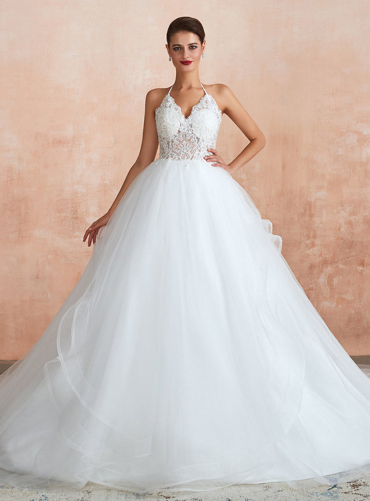 Princess Lace Halter Cathedral Train Wedding Dress Princess Lace Halter Cathedral Train Wedding Dress