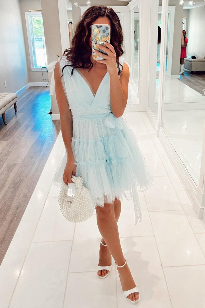 Koscy Blush Tulle A-Line Homecoming Dress with Pearls