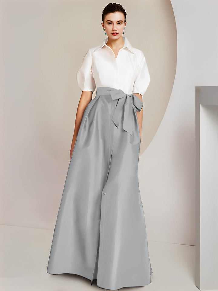 Princess/A-Line Floor-Length 2-Piece Mother of the Bride Dresses with Bowknot and Shirt Collar Short Sleeves Princess/A-Line Floor-Length 2-Piece Mother of the Bride Dresses with Bowknot and Shirt Collar Short Sleeves
