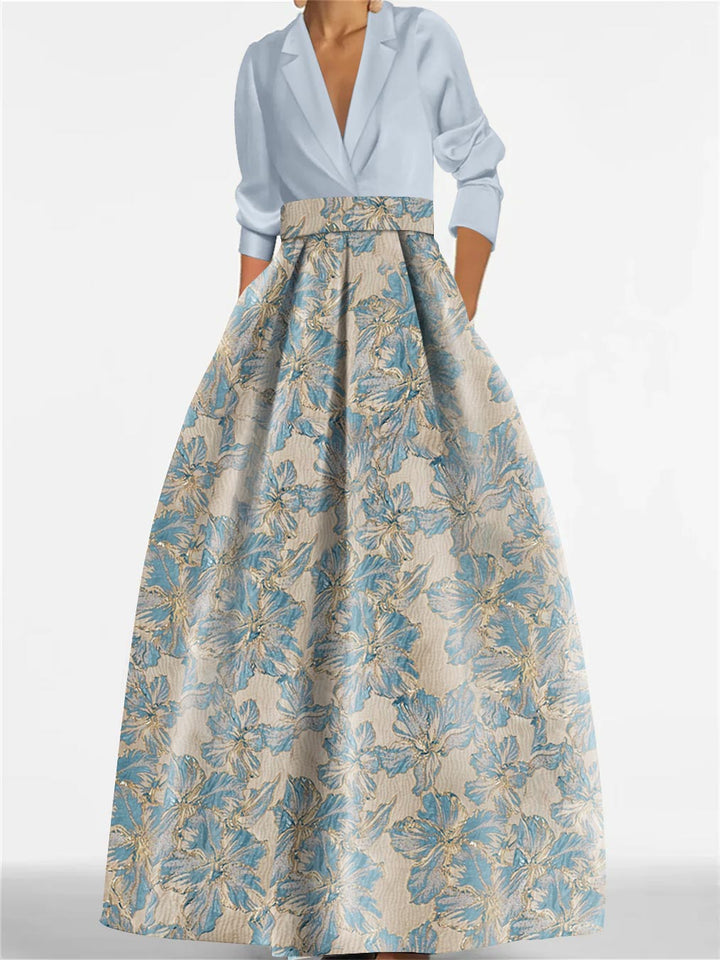 Printed Floral 3/4 Sleeve Shirt Collar A-Line Dress for Mother of the Bride & Groom