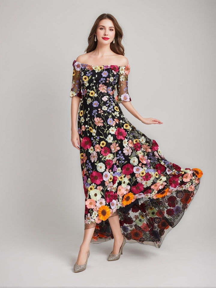 Printed Floral Evening Dresses with Half Sleeves in A-Line/Princess Off-the-Shoulder  Style