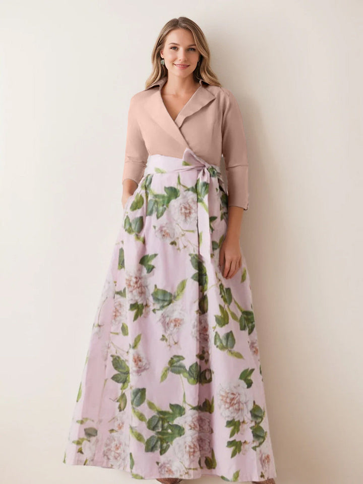 Printed Floral Plus Size Mother of the Bride A-Line Dress with V-Neck 3/4 Printed Floral Plus Size Mother of the Bride A-Line Dress with V-Neck 3/4