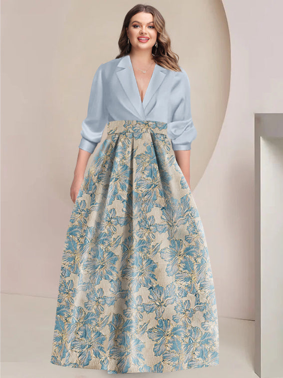 Printed Flower Plus Size A-Line/Princess Shirt Collar Mother of the Bride & Groom  Dresses