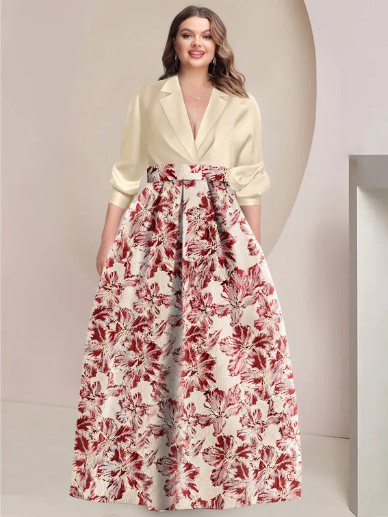 Printed Flower Plus Size A-Line/Princess Shirt Collar Mother of the Bride & Groom Dresses with 3/4 Sleeves Printed Flower Plus Size A-Line/Princess Shirt Collar Mother of the Bride & Groom Dresses with 3/4 Sleeves