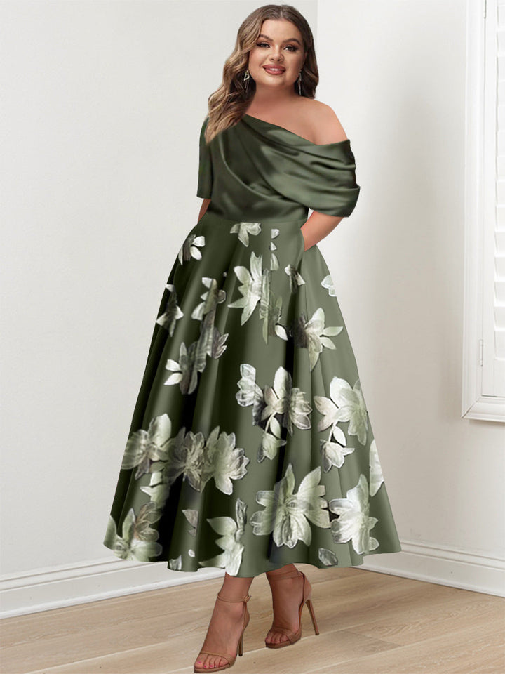one shoulder dress flower Printed Flower Plus Size Mother of the Bride A-Line Princess One-Shoulder Dress