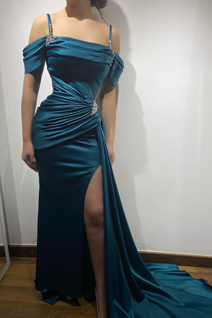 Prom Dress Charmeuse Spaghetti Strap Sleeveless High Slit Ink Blue Prom Dress Charmeuse Spaghetti Strap Sleeveless High Slit Ink Blue