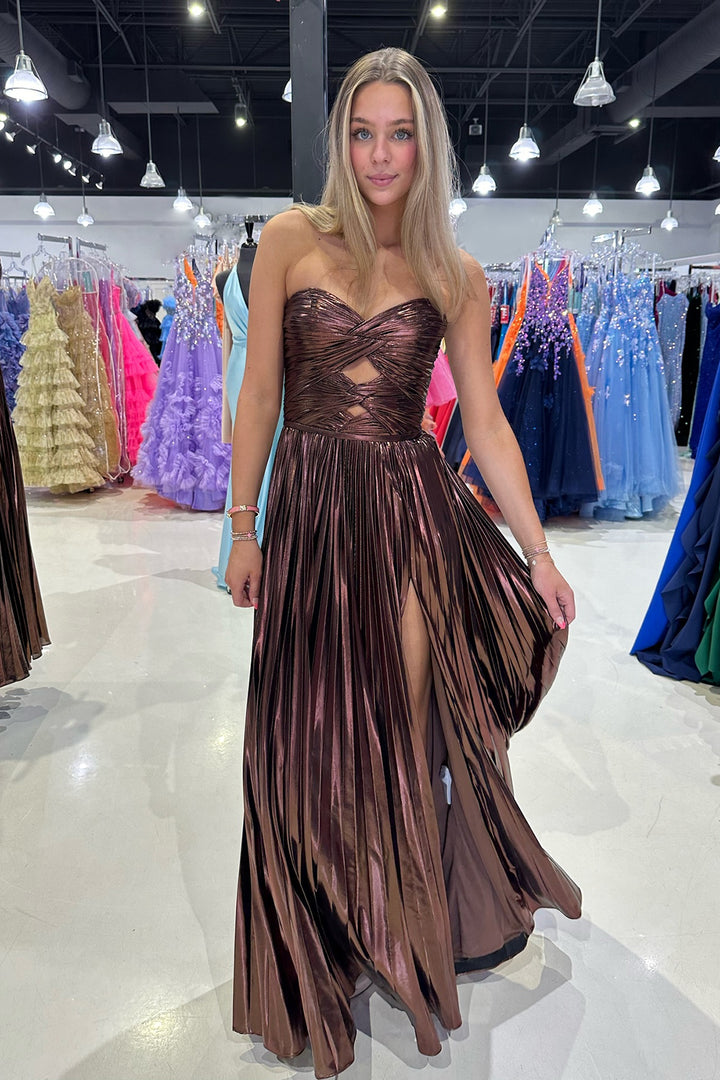 Purple Metallic Sweetheart A-Line Pleated Prom Dress with Slit, Purple