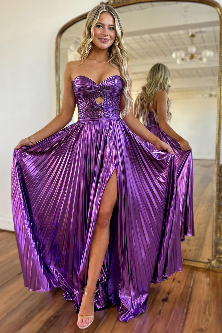 Purple Metallic Sweetheart A-Line Pleated Prom Dress with Slit, Purple