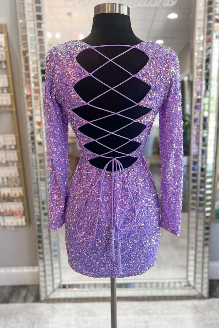 Koscy Purple Sequin Lace-Up Short Party Dress with Long Sleeves