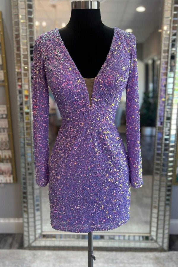Koscy Purple Sequin Lace-Up Short Party Dress with Long Sleeves