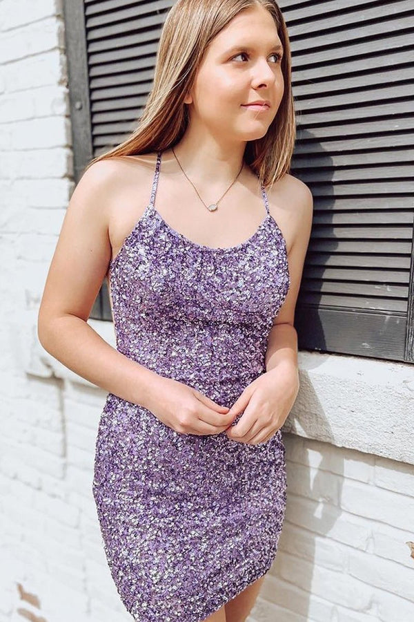 Koscy Purple Sparkly Sequins Bodycon Homecoming Dress With Criss Cross Back