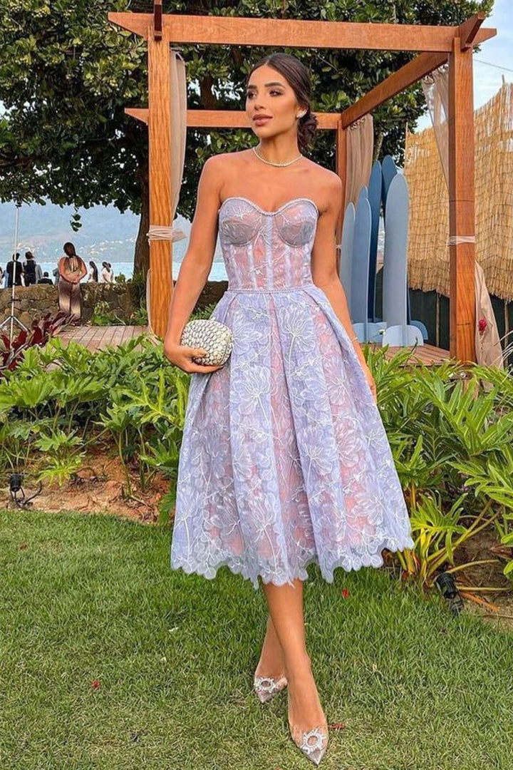 Koscy Purple Sweetheart A Line Corset Midi Party Dress With Applique