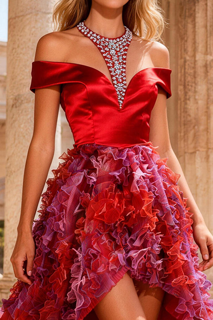 Red A Line Halter Beaded High-Low Prom Dress with Ruffles Red A Line Halter Beaded High-Low Prom Dress with Ruffles
