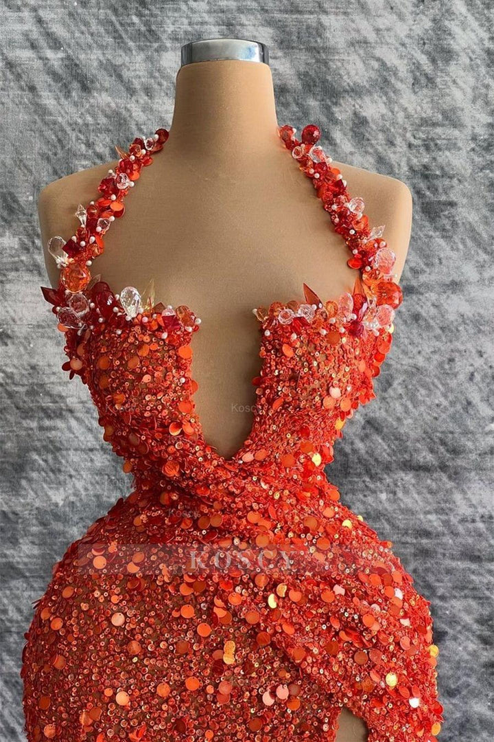 Red Halter Deep V-Neck Mermaid Sequins Evening Dress Featuring Rhinest