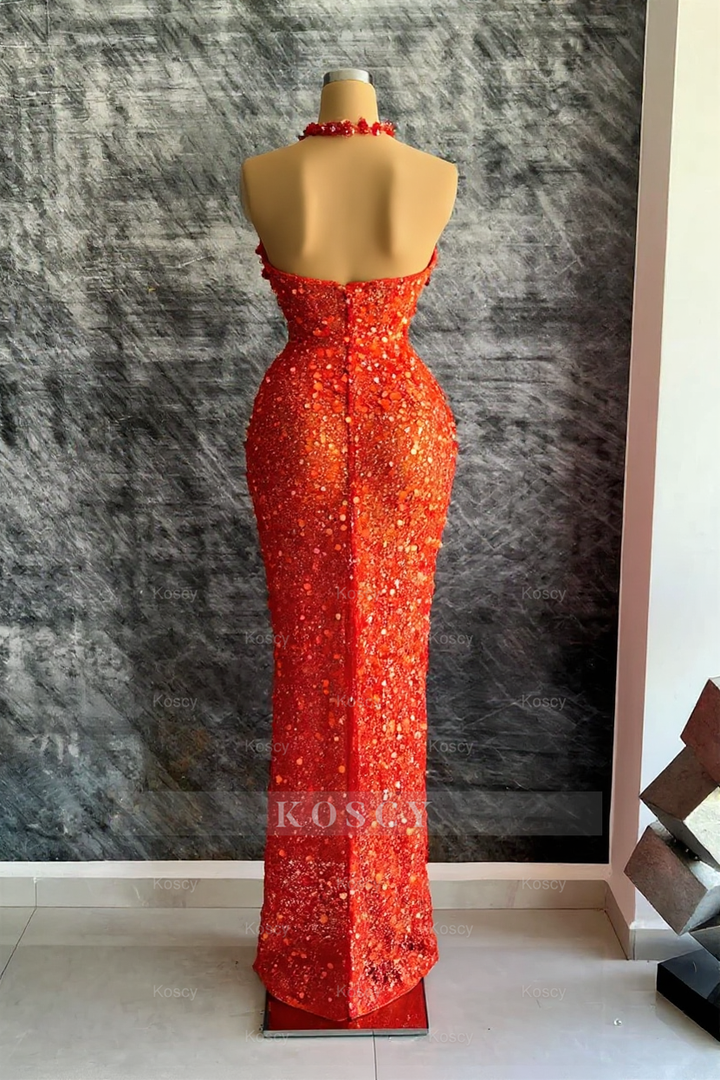 Red Halter Deep V-Neck Mermaid Sequins Evening Dress Featuring Rhinest Red Halter Deep V-Neck Mermaid Sequins Evening Dress Featuring Rhinest