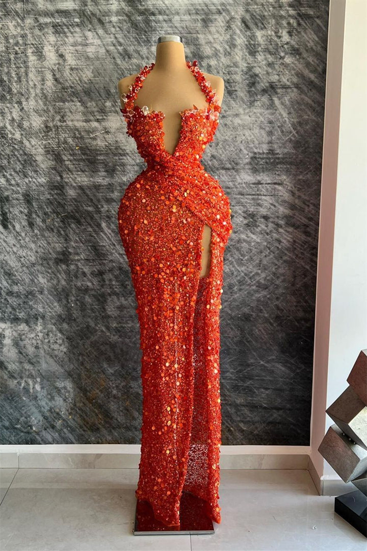 Red Halter Deep V-Neck Mermaid Sequins Evening Dress Featuring Rhinest Red Halter Deep V-Neck Mermaid Sequins Evening Dress Featuring Rhinest