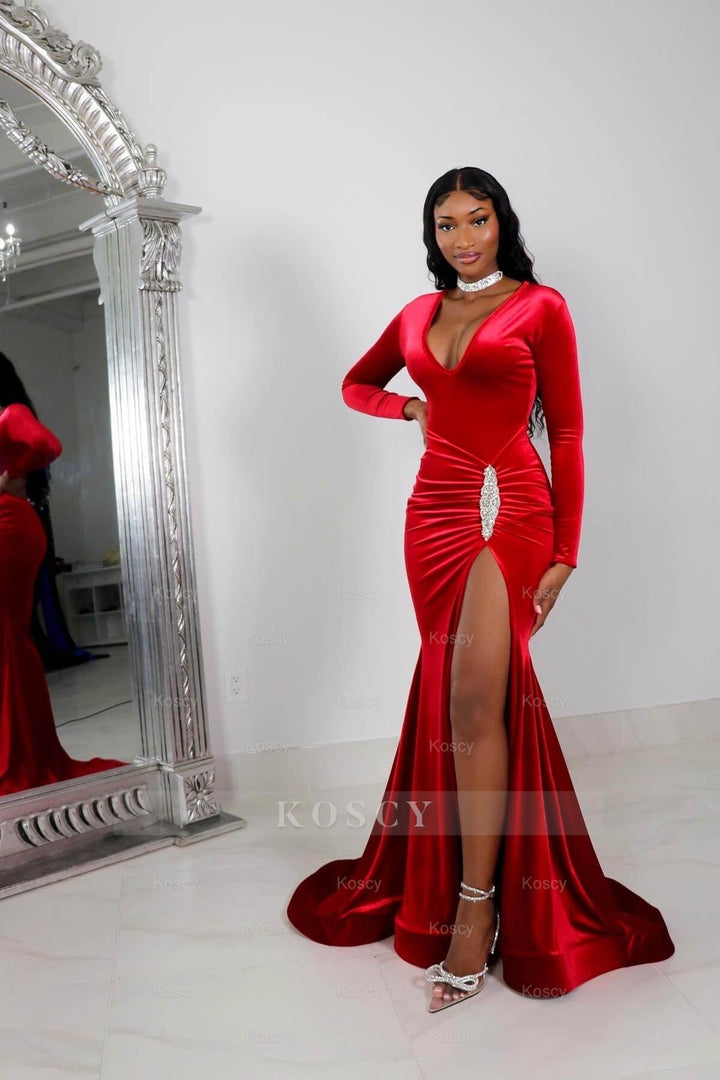 simple red long sleeve dress Red Long Formal Dress Long Sleeves Simple With High Split Pleated