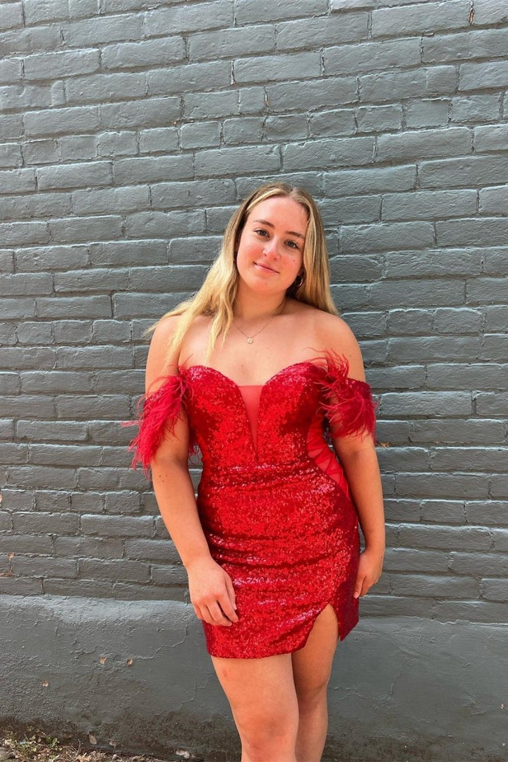Koscy Red Plunging Off-the-Shoulder Sequins Homecoming Dress with Feathers