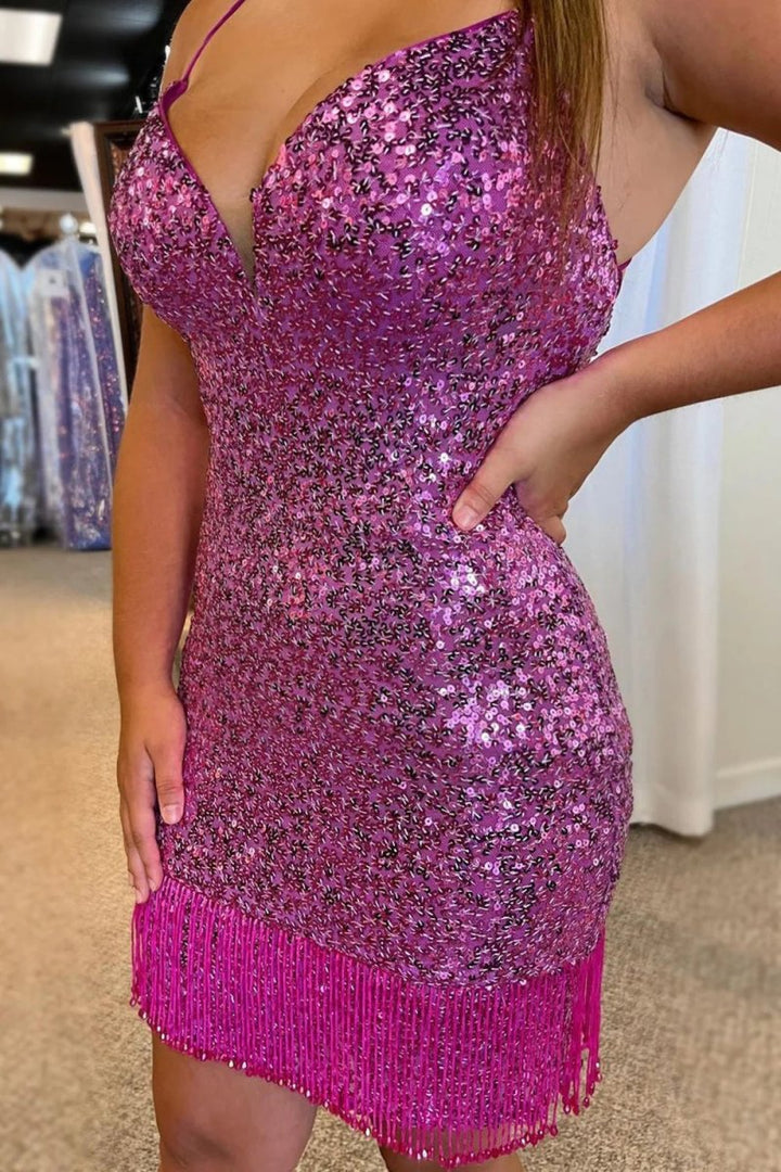 Koscy Red Sequins Tight Homecoming Dress with Fringes