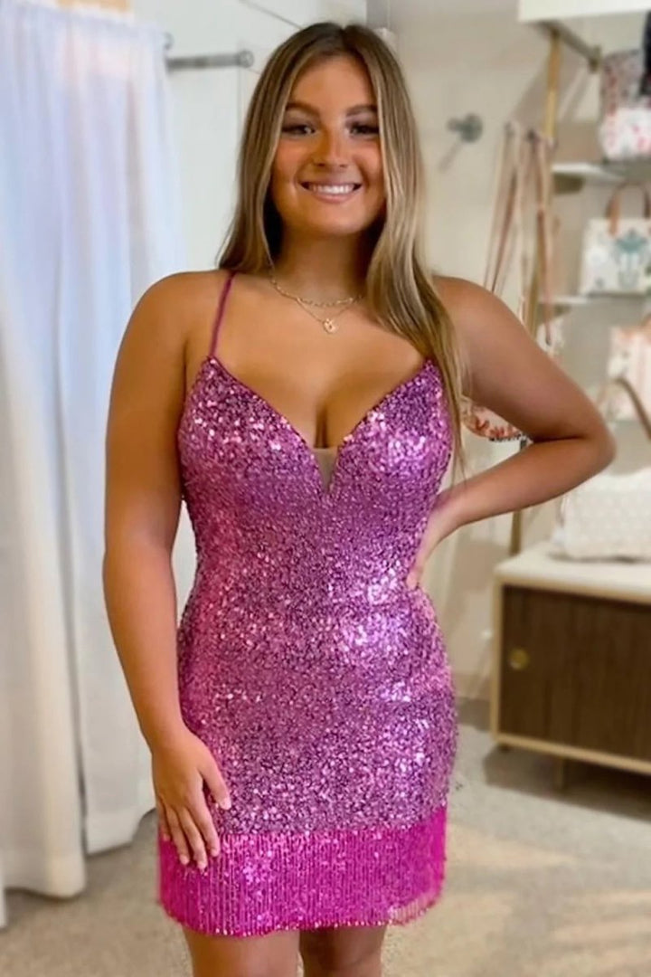 Koscy Red Sequins Tight Homecoming Dress with Fringes