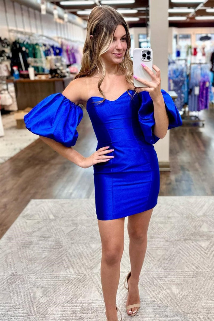 Koscy Red Strapless Bodycon Cocktail Dress with Puff Sleeves