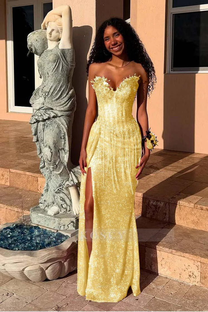 Red Strapless Sleeveless Long Mermaid Formal Dress With Sequins Split Red Strapless Sleeveless Long Mermaid Formal Dress With Sequins Split