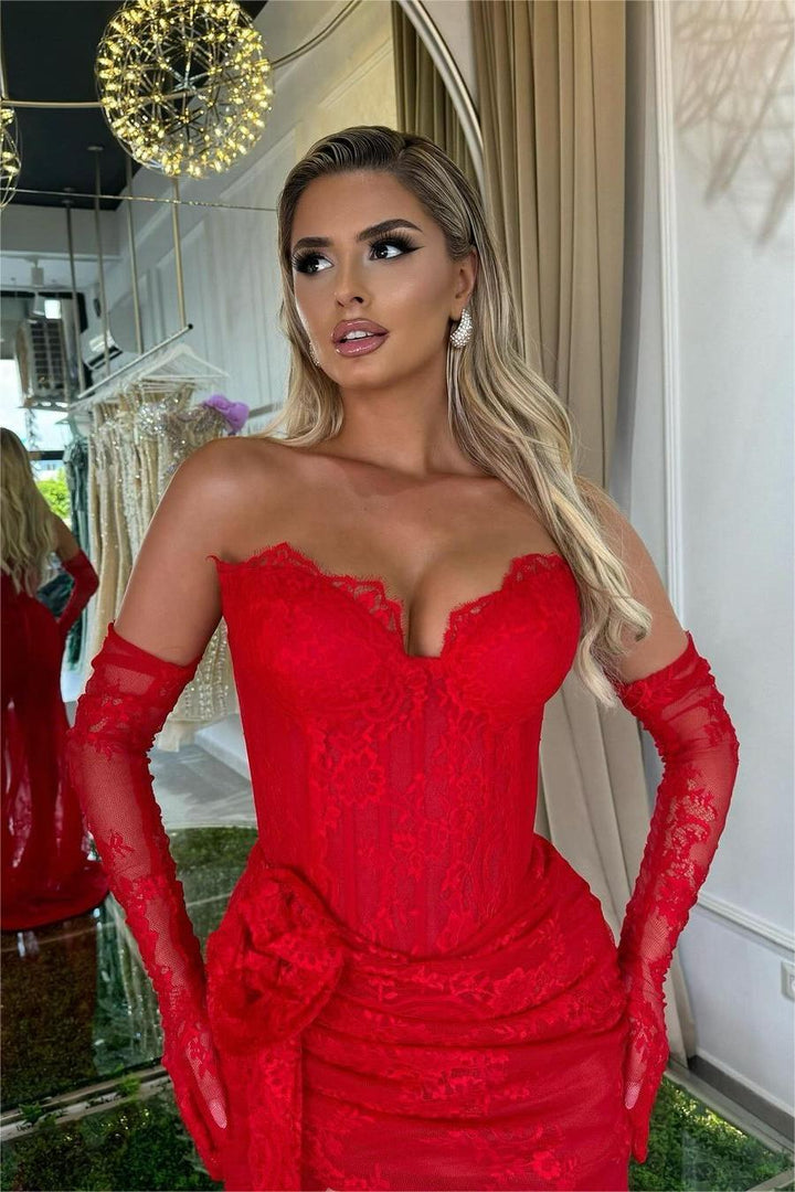red formal dress with gloves Luxury Wine Red Mermaid Evening Dress With Gloves LA73050E Wine Red / 6
