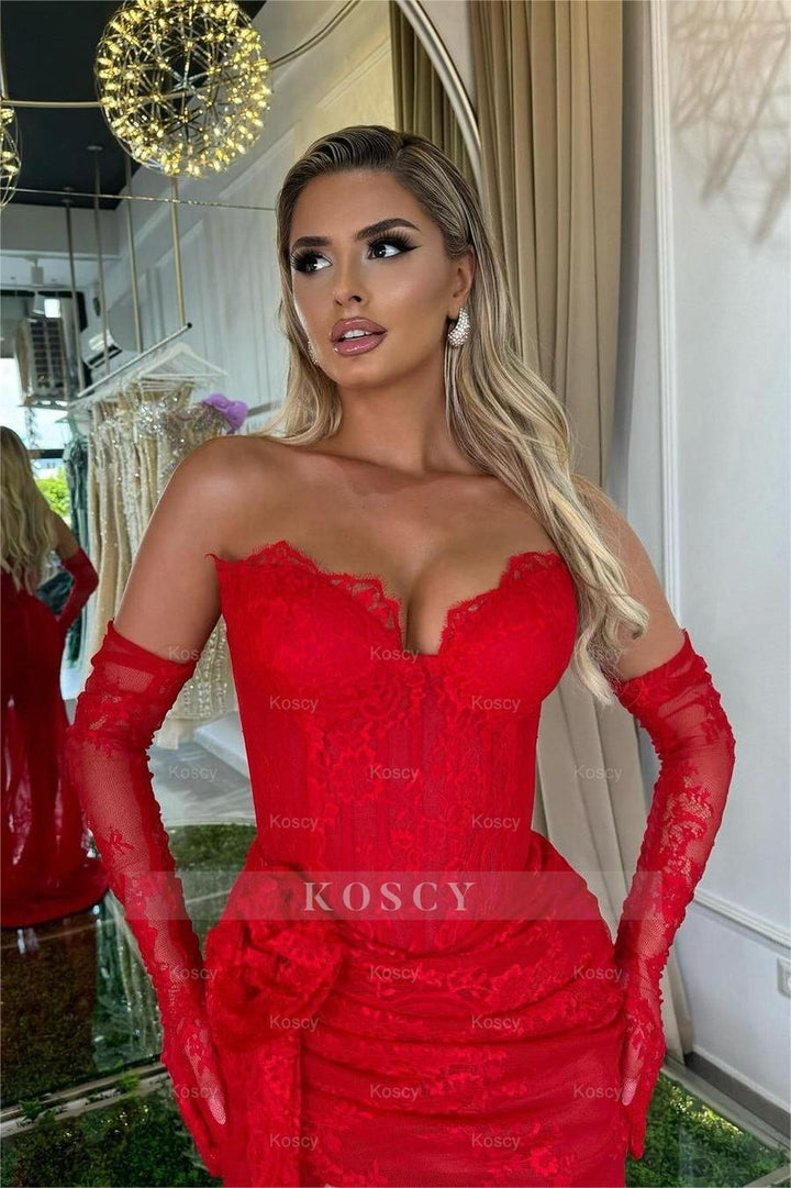 Red Strapless Split Sleeveless Mermaid Long Formal Dress With Long Gloves
